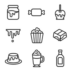 Caramel Icon Set. Outline icon set of caramel products: caramel sauce, caramel candy, caramel apple, caramel drizzle, caramel