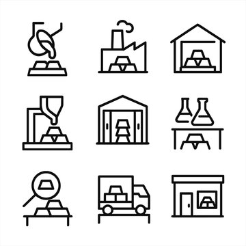 Ingot Manufacturing Icons. Outline icon set of ingot manufacturing facilities: foundry, metal plant, workshop, casting shop,