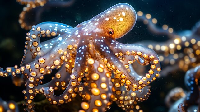 Vibrant Octopus with Bioluminescent Spots Underwater.