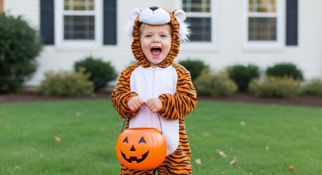 Excited toddler dressed as a tiger holding a jack o lantern candy bucket on halloween