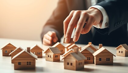 Person placing wooden house model among many others on a table real estate housing