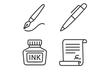 Ink set: fountain pen, ballpoint, ink bottle, and signed paper icons