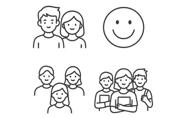 Simple outline drawings of diverse people and smiley face icons