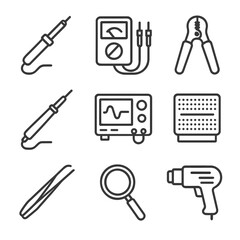 Fototapeta premium Electronic Tools Icons. Outline icon set of electronic tools: soldering iron, multimeter, wire stripper, circuit tester,