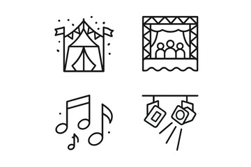 Circus tent and theater stage outlines with musical notes and spotlight symbols
