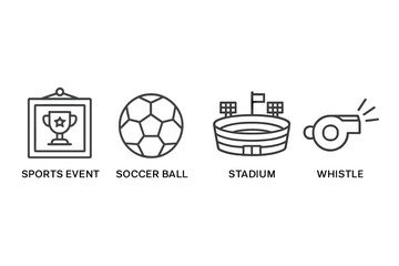 Icon set featuring sports event elements: trophy, soccer ball, stadium, whistle