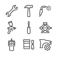 Collision Repair Tools. Outline icon set of collision repair tools: wrench, hammer, welding torch, paint spray, screwdriver, jack,