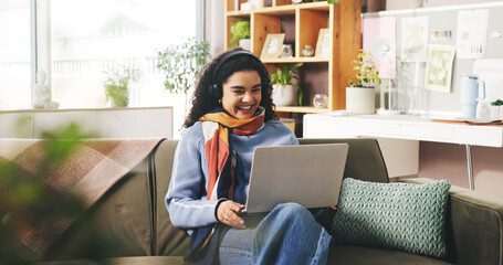 Woman, headset and consultant on laptop at house for video call, customer support and advice. Female advisor, remote work and PC for online meeting, telecom survey and questions for procedure process