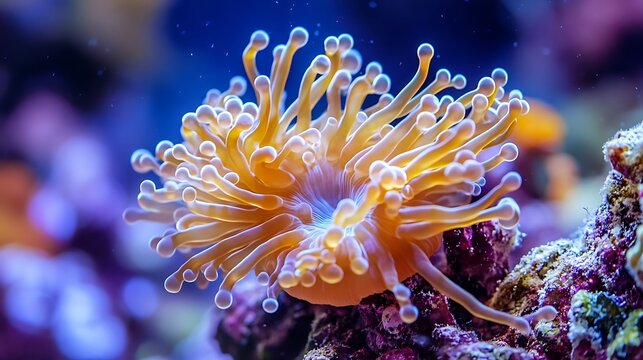 Vibrant orange torch coral with glowing tentacles in a marine reef aquarium.