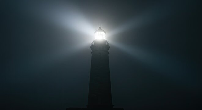 Misty night, lighthouse beam, guiding light, dark fog,  coastal scene