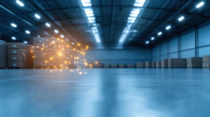 warehouse Logistic and Supply Chain Network Digital map of a supply chain overlaid on a warehouse interior, connecting distribution hubs and inventory.