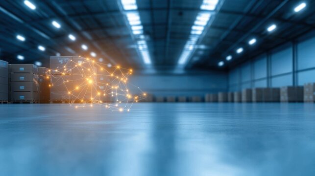 warehouse Logistic and Supply Chain Network Digital map of a supply chain overlaid on a warehouse interior, connecting distribution hubs and inventory.