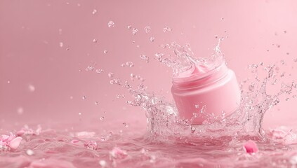 Pink cosmetic cream jar splashing in water,  rose petals background.  Use beauty product ad