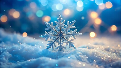 Close up of a Snowflake on Snow with Bokeh Lights Background