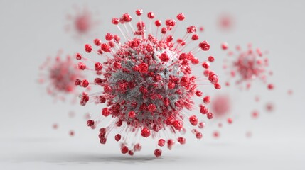 Highly detailed 3D model of microscopic virus with red spike proteins and spherical body, floating and isolated on white background with copy space