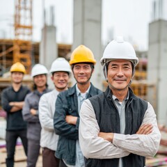 Professional Asian construction crew standing confidently at building site, showing teamwork, modern equipment and concrete framework visible