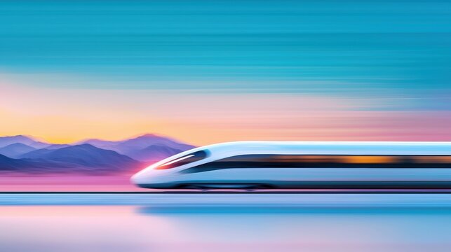 Train High Speed Motion Blur Side view of a hyperloop train racing through landscapes, motion blur capturing its ultra high speed.