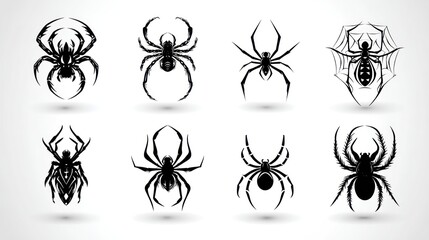 Collection of stylized spider silhouettes in abstract and realistic forms, isolated on pure white background, ideal for tattoo templates, spooky content, or minimalist design