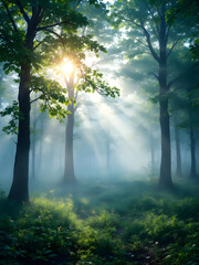 Sunlight streaming through trees in a misty forest illuminating the lush green undergrowth below it