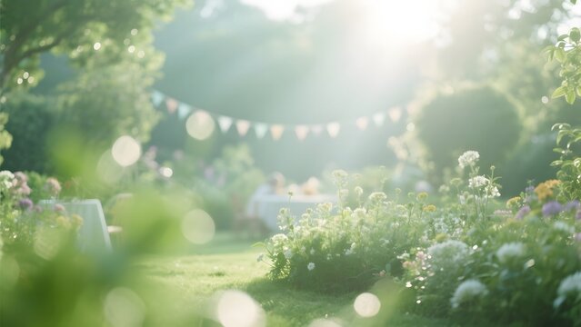 Sunlit Garden Party with Floral Decorations and Festive Bunting