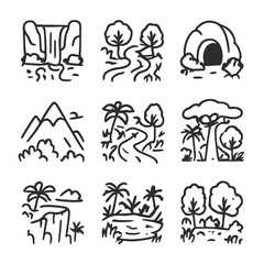 Fototapeta premium Jungle Icon Set. Outline icon set of jungle landscape: waterfall, river, cave, mountain, jungle path, canopy, cliff, lagoon,