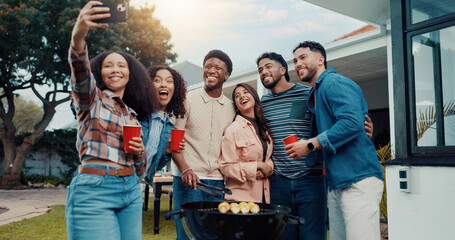 Bbq, people and selfie of friends at party, laugh or grill corn for new year celebration with drinks. Picture, food or excited group at barbecue, outdoor or hug for social media post at home backyard