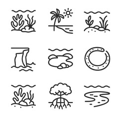 Naklejka premium Ocean Icons Collection. Outline icon set of ocean environments: coral reef, beach, seabed, cliff, lagoon, atoll, reef, mangrove,