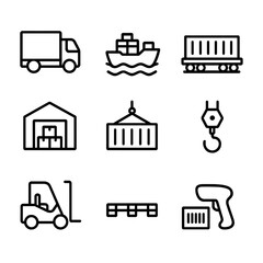 Logistics Icon Set. Outline icon set of iron transport and logistics: freight truck, cargo ship, rail freight, warehouse, shipping