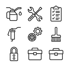 Machinery Maintenance Icons. Outline icon set of machinery maintenance: oil can, wrench, screwdriver, inspection checklist, grease