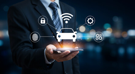 A person holding a phone with a holographic projection of a car and connected icons.


