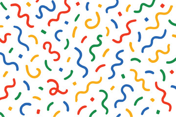 Seamless pattern of colorful wavy lines and confetti on a white background for celebrations