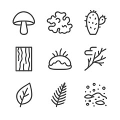 Fototapeta premium Gray Botanical Icons. Outline icon set of gray plants and fungi: mushroom cap, stone lichen, gray cactus, tree bark, gray moss,