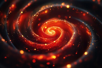 Vivid Red and Orange Galaxy Spiral with Sparkling Particles in Deep Space