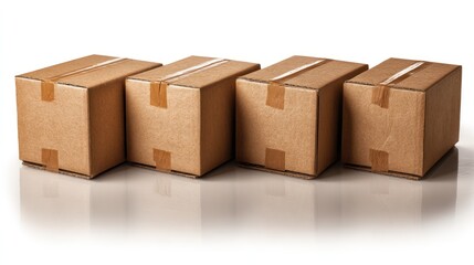 Set of four brown cardboard boxes arranged side by side, sealed with packing tape, shadows on ground, isolated on pure white background, ideal for relocation or delivery visuals
