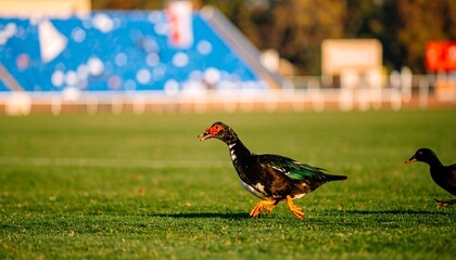 Fototapeta premium Duck on a grassy field near a stadium