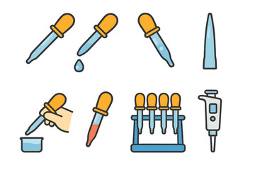 Obraz premium Pipette Icon Showcase. Flat vector mini-illustrations pipette basics in colors children's illustrations: single pipette, pipette