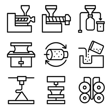 Plastic Process Icons. Outline icon set of plastic manufacturing processes: injection molding, extrusion, blow molding,