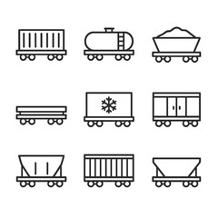 Rail Freight Icons. Outline icon set of rail freight types: container wagon, tanker wagon, coal wagon, flatbed wagon, refrigerated