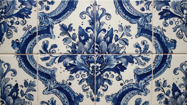 Delicate blue floral designs are painted on tile squares creating a beautiful pattern reminiscent of traditional Delftware style.
