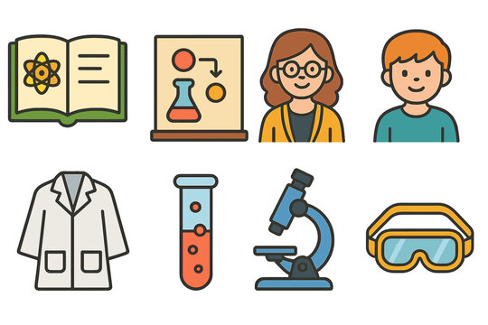 Science Teaching Tools. Flat vector mini-illustrations distillation teaching tools in colors children's illustrations: science