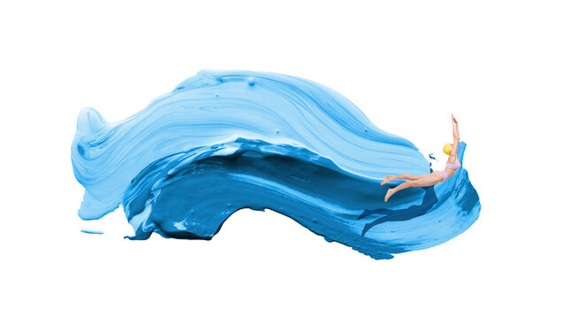 Bright poster. Female diver jumping into wave shaped as blue stroke of water. Concept of swimming technique, aquatic sports, competition preparation, physical strength and water recreation. - Powered by Adobe