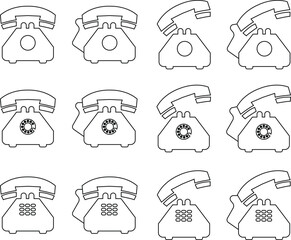 Old telephone icons set in line styles. Collection and group of vintage rotary phone, retro communication device, antique handset and classic telephone symbol for contact and call.