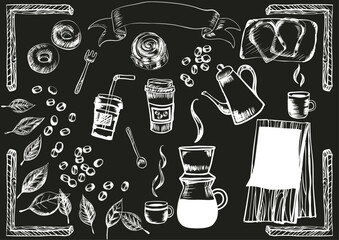 チョークアート風手描きレトロカフェセット（コーヒー・ドーナツ・パン・フレーム付き）Retro Cafe Series:Chalk art style Hand-Drawn Retro Cafe Set(Coffee, Donuts, Bread, Frame)