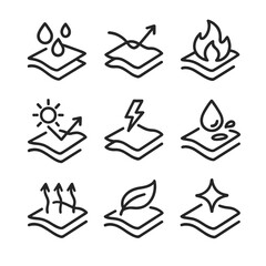 Synthetic Textile Icons. Outline icon set of synthetic textile finishes: waterproof coating, anti-wrinkle, flame retardant, UV
