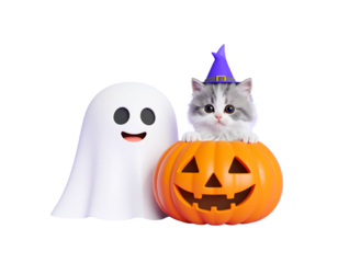 Spooky-Cute Kitten in Bat Wings Costume Playing with Friendly Ghost PNG
