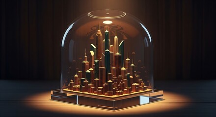 Miniature city under glass dome skyscrapers golden
