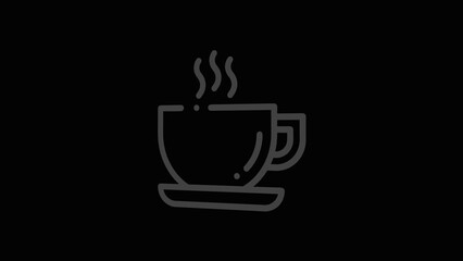Gray outline of a steaming coffee cup on a saucer against a black background image