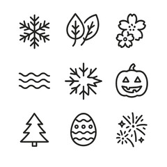 Seasonal Icon Grid. Outline icon set of seasonal patterns: snowflakes, autumn leaves, spring blossoms, summer waves, winter frost,