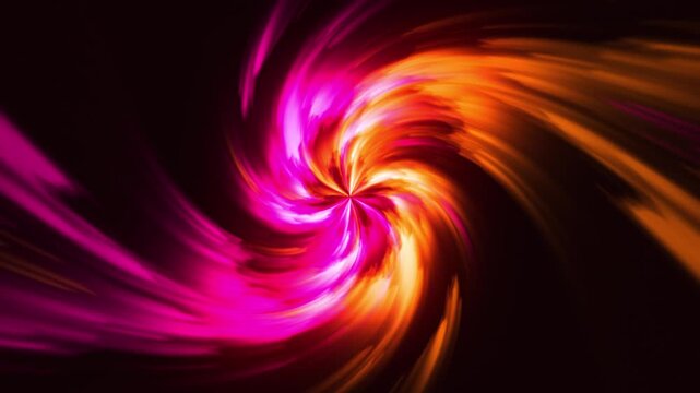 Glowing swirling vortex of vibrant light trails in blue, purple and pink color on a dark background. Concept of big data, block chain and digital technology. Template with free copy space for text.