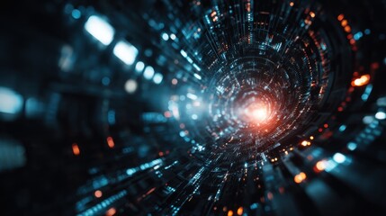 Fototapeta premium A futuristic tunnel with glowing lights and intricate patterns. The scene conveys a sense of advanced technology and digital exploration.